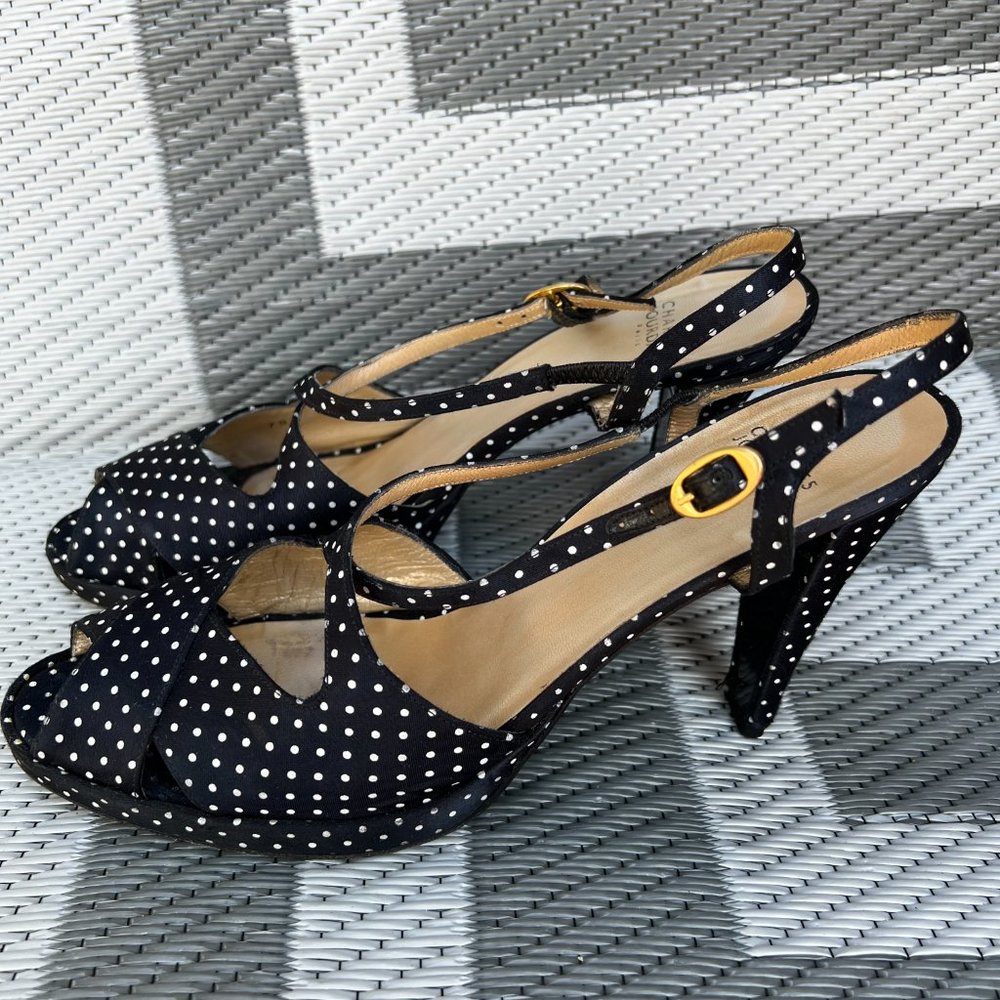 Charles Jourdan Polka Dot Platform Heel Peep Toe Sandals Black Size 10